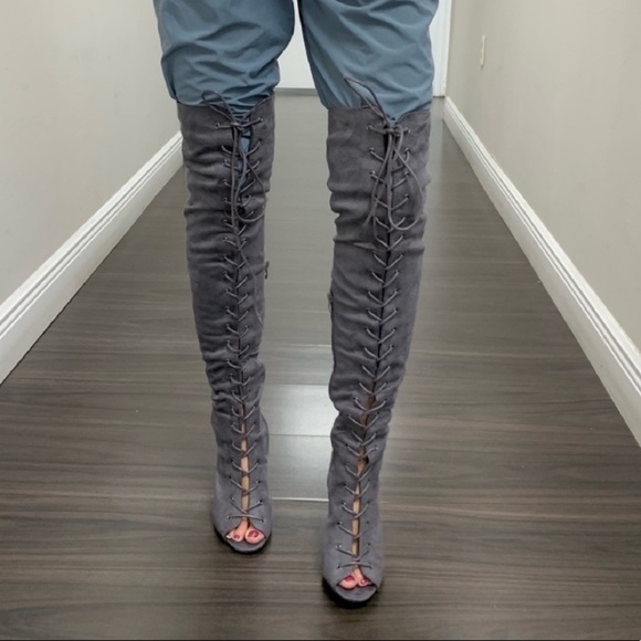 Faux suede open toe lace up bootie -grey - Picture 5 of 7